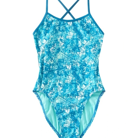 TYR Sz L Bayou Cutout Fit One Piece Swimsuit Turquoise High Cut Leg UPF 50 - Picture 9 of 9